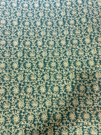 Teal Green & Off-White Floral Jaal Hand Block Printed Pure Cotton Fabric
