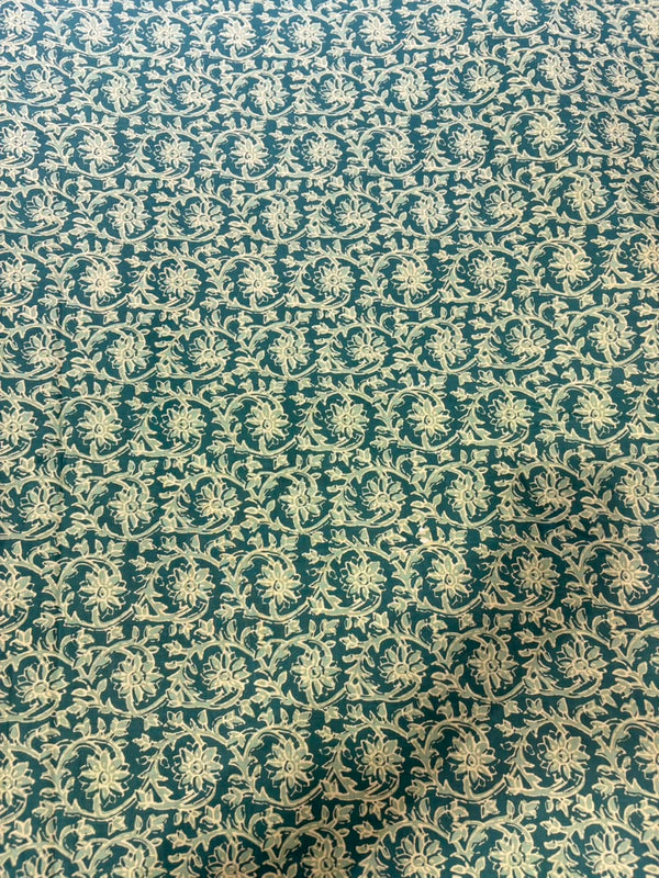Teal Green & Off-White Floral Jaal Hand Block Printed Pure Cotton Fabric