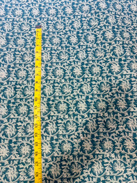 Teal Green & Off-White Floral Jaal Hand Block Printed Pure Cotton Fabric