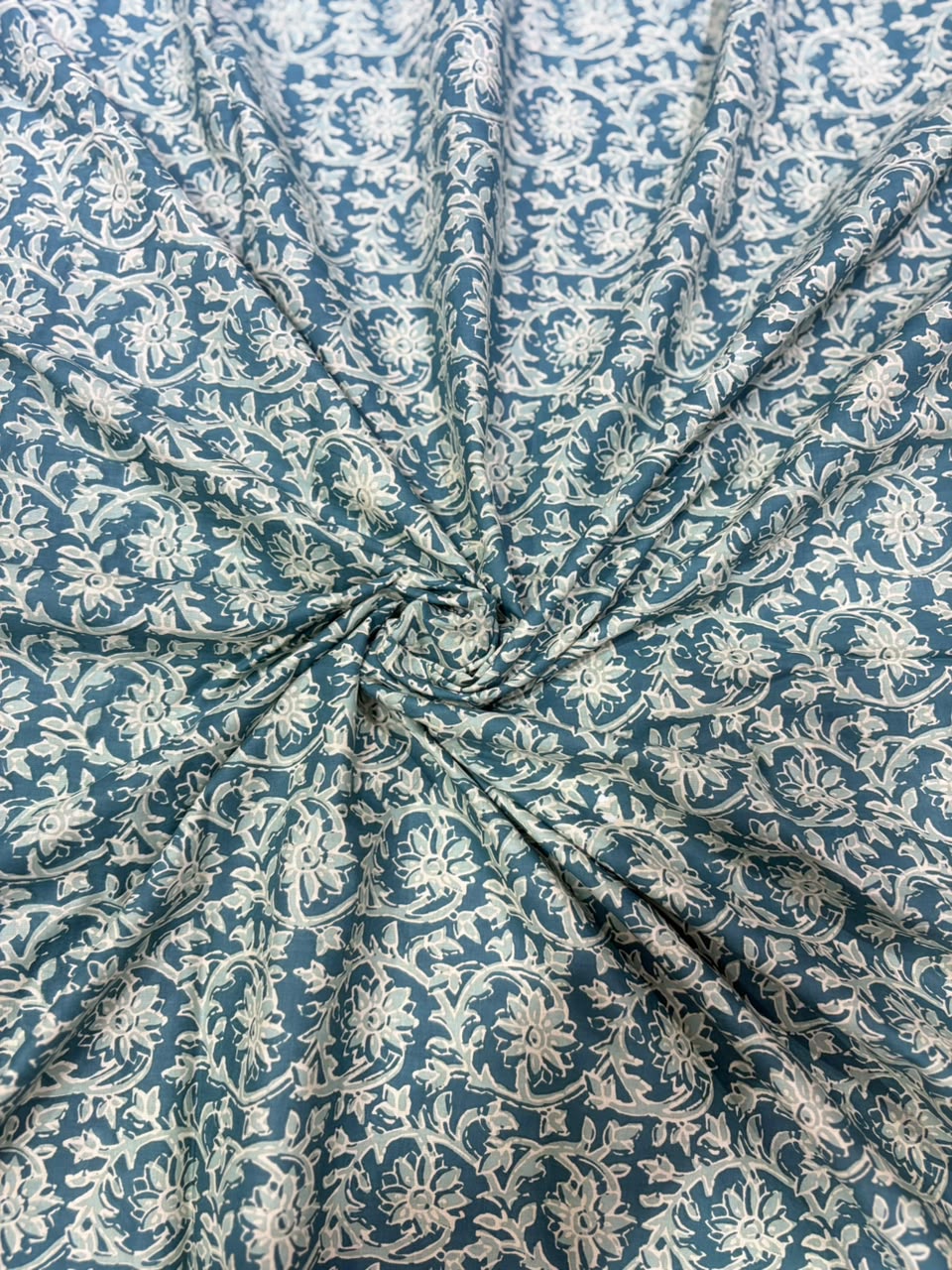 Teal Green & Off-White Floral Jaal Hand Block Printed Pure Cotton Fabric