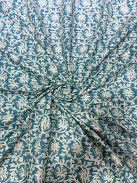 Teal Green & Off-White Floral Jaal Hand Block Printed Pure Cotton Fabric