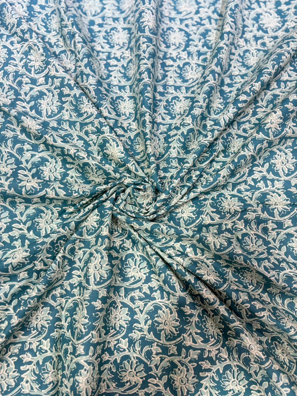 Teal Green & Off-White Floral Jaal Hand Block Printed Pure Cotton Fabric