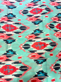 Mint Green & Coral Red Abstract Ikat Printed Pure Cotton Fabric
