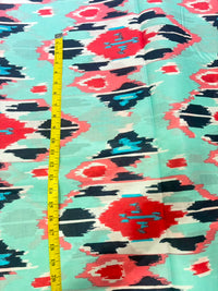 Mint Green & Coral Red Abstract Ikat Printed Pure Cotton Fabric