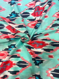 Mint Green & Coral Red Abstract Ikat Printed Pure Cotton Fabric