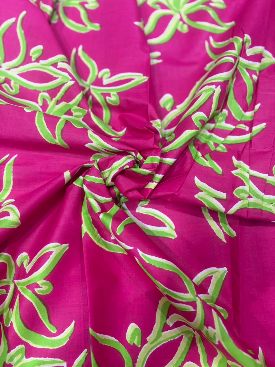 Rani Pink & Lime Green Floral Botanical Printed Pure Cotton Fabric