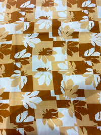 Earthy Ochre & Rust Maple Leaf Geometric Check Printed Pure Cotton Fabric