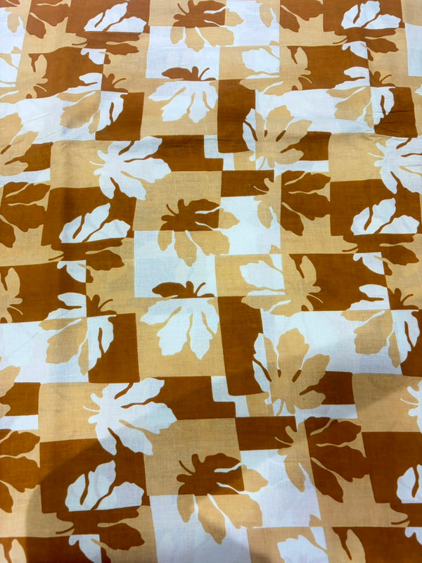Earthy Ochre & Rust Maple Leaf Geometric Check Printed Pure Cotton Fabric