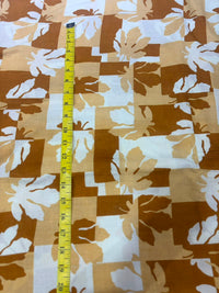 Earthy Ochre & Rust Maple Leaf Geometric Check Printed Pure Cotton Fabric