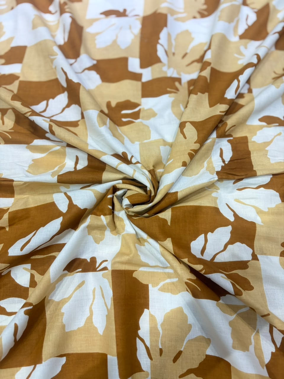 Earthy Ochre & Rust Maple Leaf Geometric Check Printed Pure Cotton Fabric