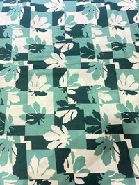 Teal & Sea Green Maple Leaf Geometric Check Printed Pure Cotton Fabric