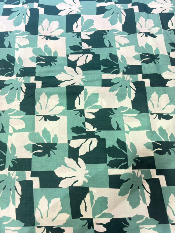 Teal & Sea Green Maple Leaf Geometric Check Printed Pure Cotton Fabric