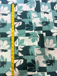 Teal & Sea Green Maple Leaf Geometric Check Printed Pure Cotton Fabric