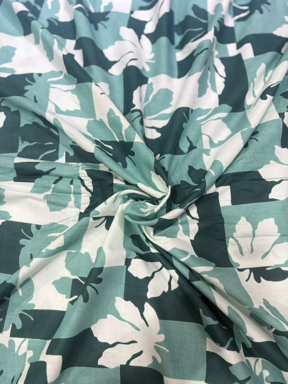 Teal & Sea Green Maple Leaf Geometric Check Printed Pure Cotton Fabric