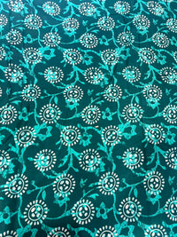 Deep Forest Green & Aqua Batik Floral Pure Cotton Fabric