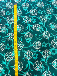 Deep Forest Green & Aqua Batik Floral Pure Cotton Fabric