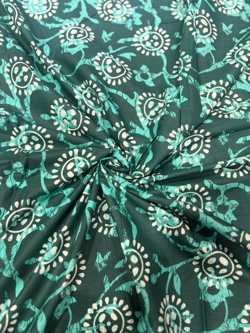 Deep Forest Green & Aqua Batik Floral Pure Cotton Fabric