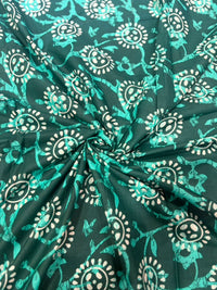 Deep Forest Green & Aqua Batik Floral Pure Cotton Fabric