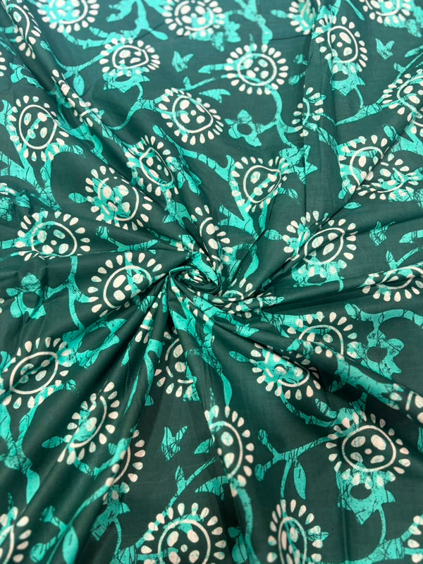 Deep Forest Green & Aqua Batik Floral Pure Cotton Fabric
