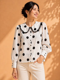 Black & White Polka Dot Peter Pan Collar Lace Trimmed Shirt