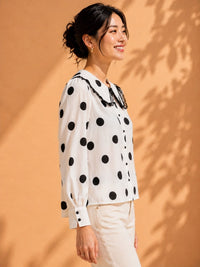 Black & White Polka Dot Peter Pan Collar Lace Trimmed Shirt