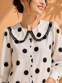 Black & White Polka Dot Peter Pan Collar Lace Trimmed Shirt