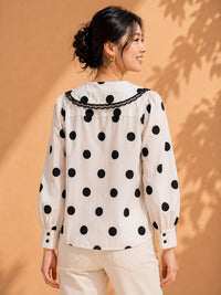Black & White Polka Dot Peter Pan Collar Lace Trimmed Shirt