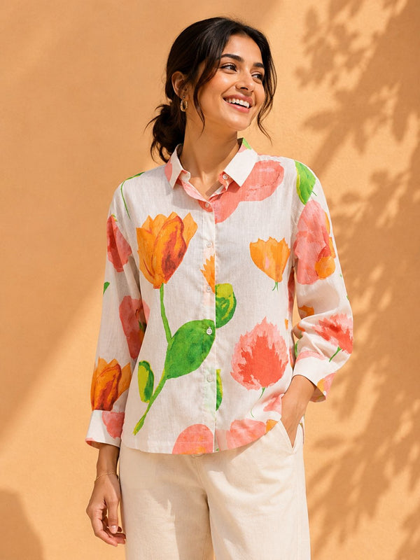 AK Designs Vibrant Coral Floral Block Printed Cotton Shirt