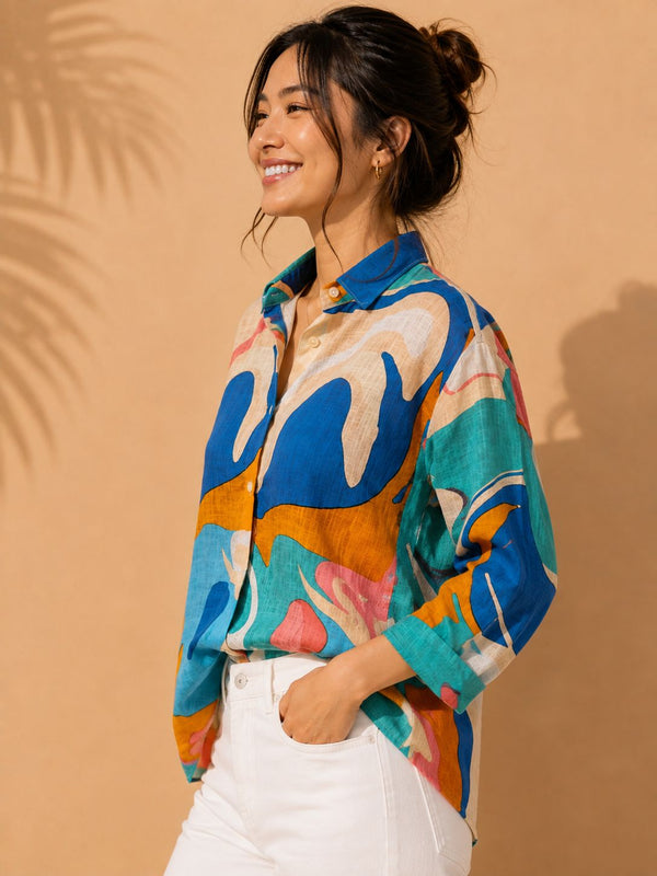 AK Designs Emerald Tropical Botanical Printed Cotton Shirt
