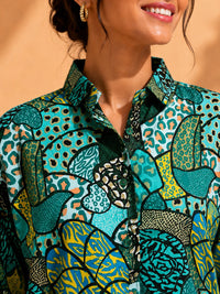 AK Designs Classic Ivory & Indigo Floral Block Printed Cotton Shirt