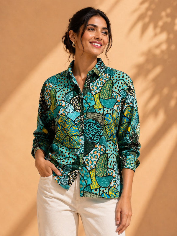 AK Designs Classic Ivory & Indigo Floral Block Printed Cotton Shirt