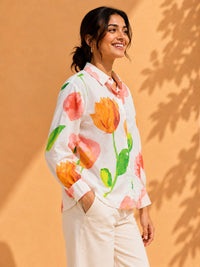 AK Designs Vibrant Coral Floral Block Printed Cotton Shirt