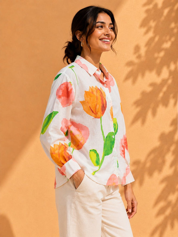 AK Designs Vibrant Coral Floral Block Printed Cotton Shirt