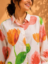 AK Designs Vibrant Coral Floral Block Printed Cotton Shirt