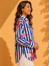 AK Designs Midnight Navy & Coral Fine Stripe Printed Cotton Shirt