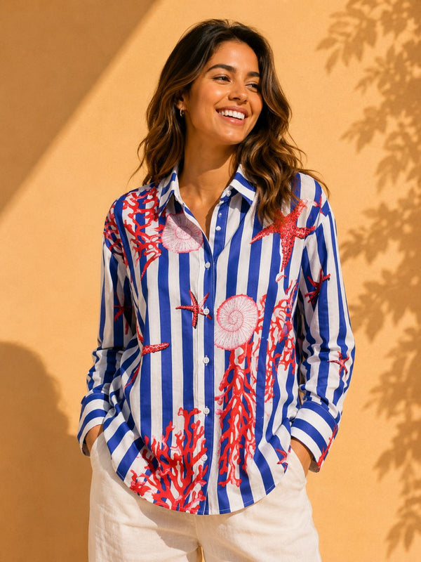 AK Designs Midnight Navy & Coral Fine Stripe Printed Cotton Shirt