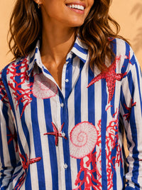 AK Designs Midnight Navy & Coral Fine Stripe Printed Cotton Shirt
