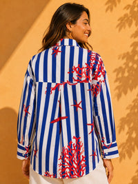 AK Designs Midnight Navy & Coral Fine Stripe Printed Cotton Shirt