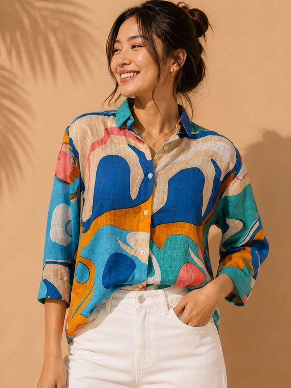 AK Designs Emerald Tropical Botanical Printed Cotton Shirt