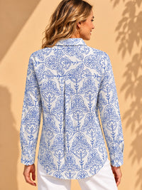 Porcelain Blue & White Damask Floral Printed Casual Cotton Shirt