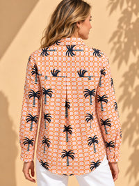 Coral & Peach Palm Tree Grid Printed Casual Cotton Shirt