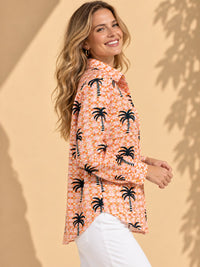Coral & Peach Palm Tree Grid Printed Casual Cotton Shirt