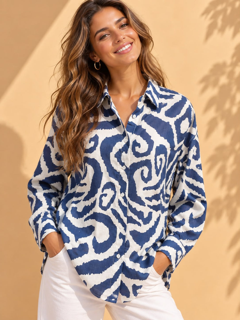 Ocean Blue & White Ikat Swirl Printed Casual Cotton Shirt