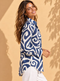 Ocean Blue & White Ikat Swirl Printed Casual Cotton Shirt