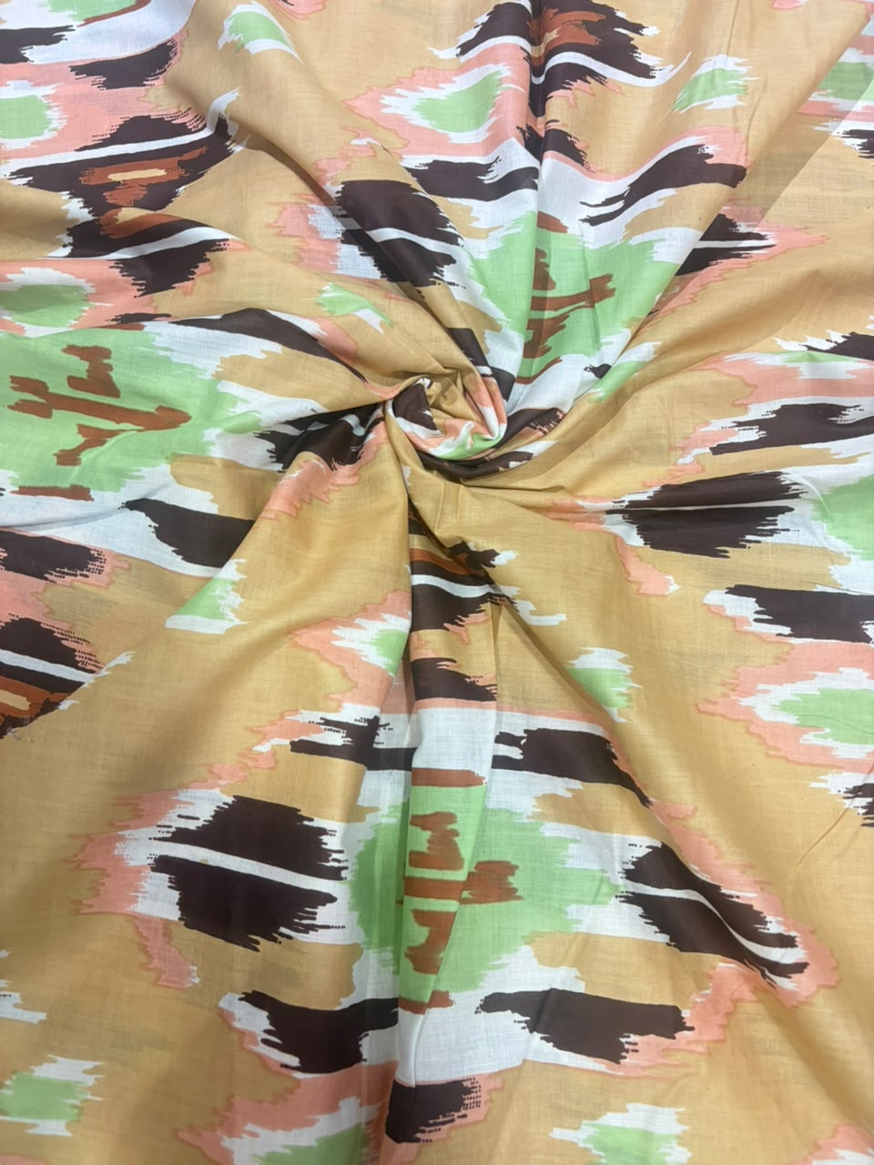 Beige & Mint Ikat-Inspired Printed Cotton Fabric (44 Inches Width)