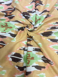 Beige & Mint Ikat-Inspired Printed Cotton Fabric (44 Inches Width)