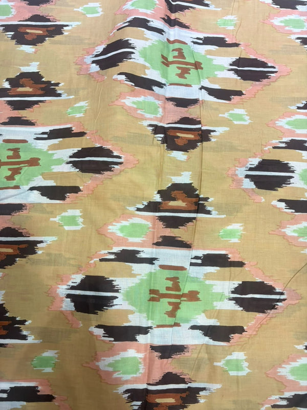 Beige & Mint Ikat-Inspired Printed Cotton Fabric (44 Inches Width)