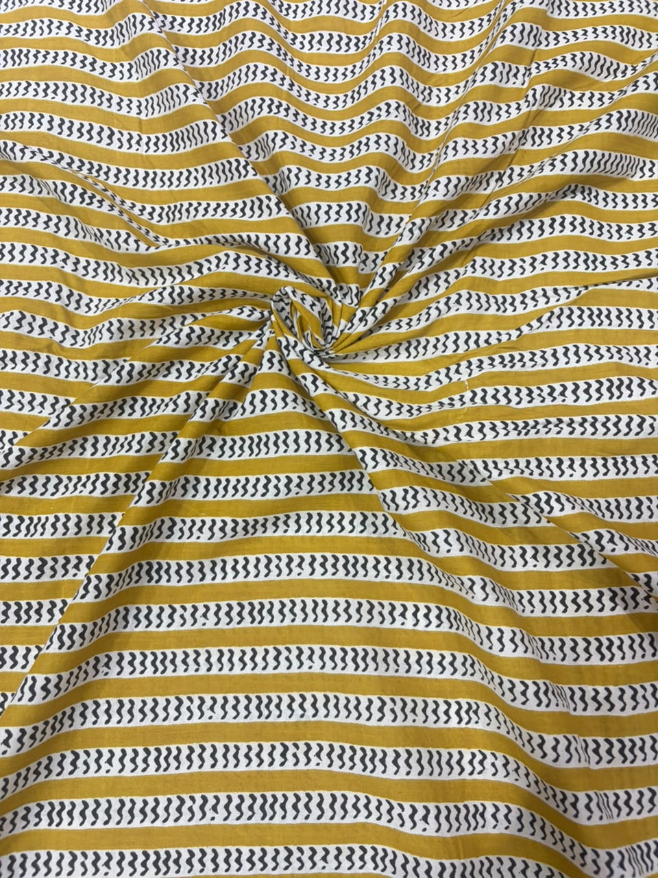 Mustard Yellow & White Chevron Striped Block Printed Cotton Fabric (44 Inches Width)