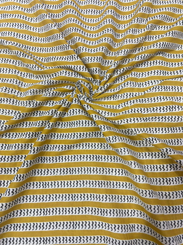 Mustard Yellow & White Chevron Striped Block Printed Cotton Fabric (44 Inches Width)