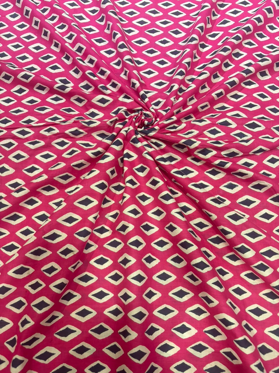 Rani Pink Geometric Diamond Block Printed Cotton Fabric (44 Inches Width)